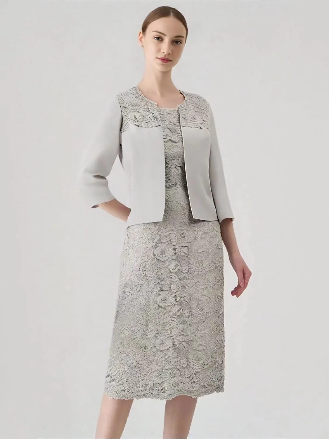 2 Pieces Mother of The Bride Dresses for Wedding with Jacket Formal Dress Applique Tea Length Evening Gown