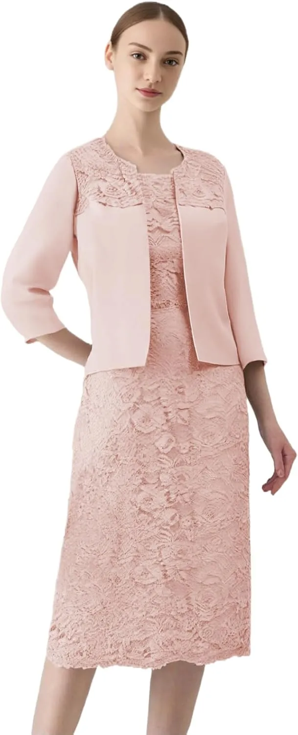 2 Pieces Mother of The Bride Dresses for Wedding with Jacket Formal Dress Applique Tea Length Evening Gown