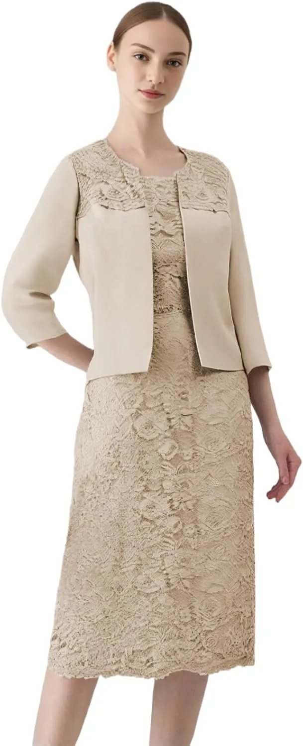 2 Pieces Mother of The Bride Dresses for Wedding with Jacket Formal Dress Applique Tea Length Evening Gown