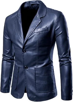 2024 Men's Regular Fit Leather Dress Suit Coats Casual Button Down Lapel Business PU Jackets Blazer with Pockets