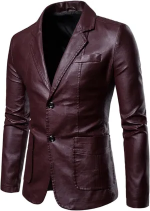 2024 Men's Regular Fit Leather Dress Suit Coats Casual Button Down Lapel Business PU Jackets Blazer with Pockets