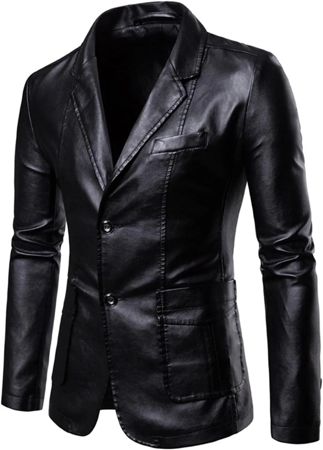 2024 Men's Regular Fit Leather Dress Suit Coats Casual Button Down Lapel Business PU Jackets Blazer with Pockets