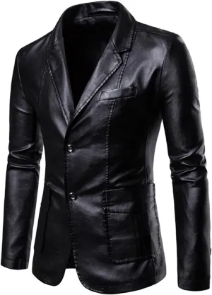 2024 Men's Regular Fit Leather Dress Suit Coats Casual Button Down Lapel Business PU Jackets Blazer with Pockets