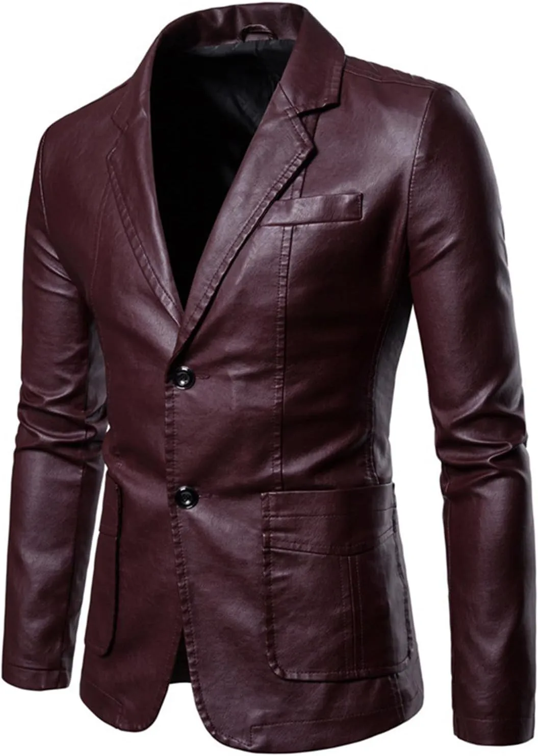 2024 Men's Regular Fit Leather Dress Suit Coats Casual Button Down Lapel Business PU Jackets Blazer with Pockets