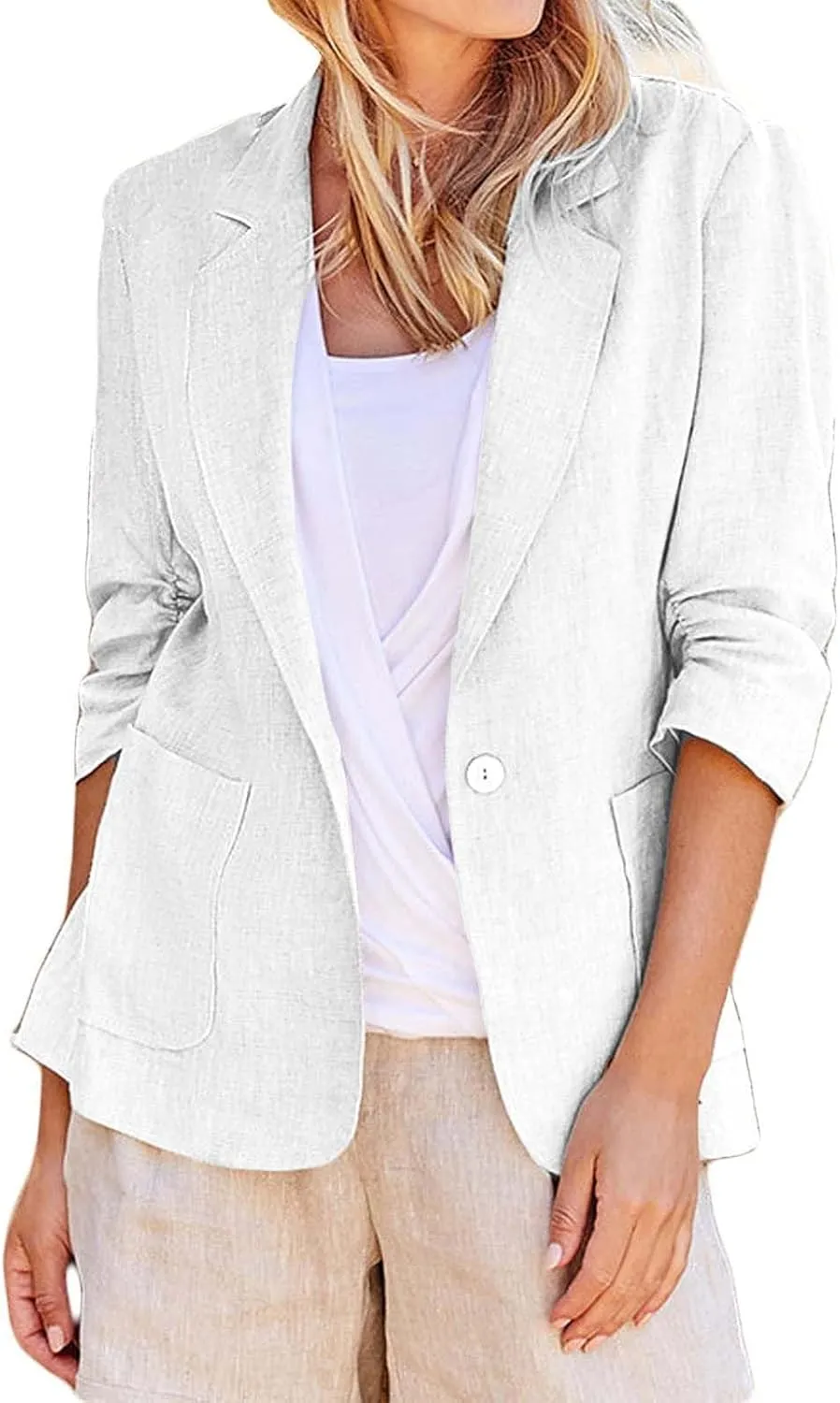 2024 Summer Linen Blazer Women 3/4 Ruched Sleeve Summer Lightweight Breathable Casual Work Office Jacket with Pocket