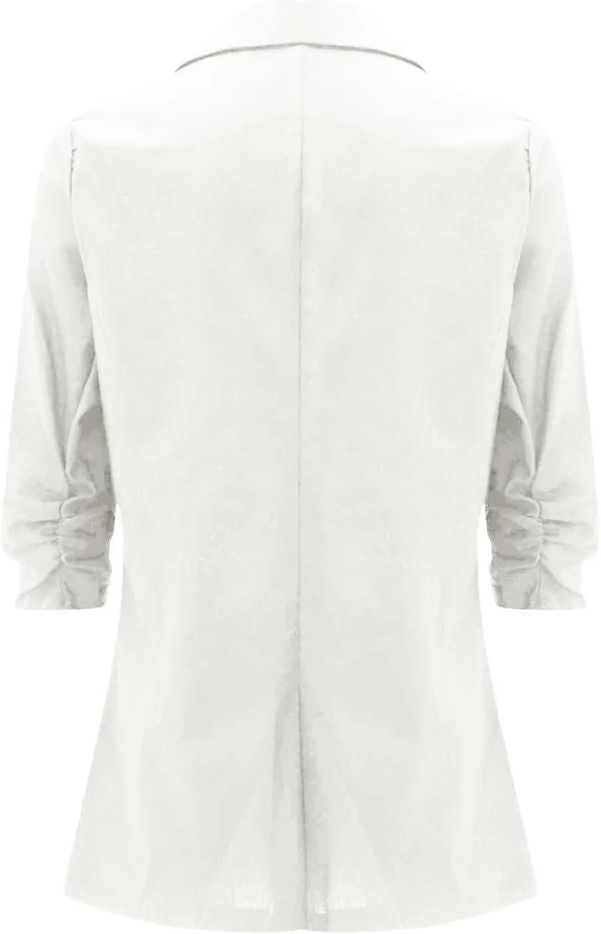 2024 Summer Linen Blazer Women 3/4 Ruched Sleeve Summer Lightweight Breathable Casual Work Office Jacket with Pocket