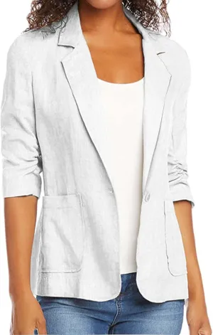 2024 Summer Linen Blazer Women 3/4 Ruched Sleeve Summer Lightweight Breathable Casual Work Office Jacket with Pocket