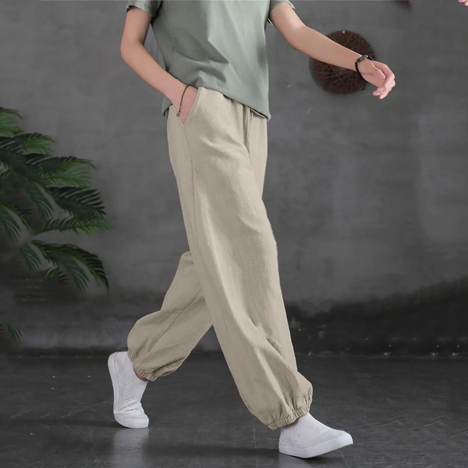 2024 Summer Pants for Women Cotton Linen Breathable Lightweight Yoga Pants Elastic Waist Beach Trousers Trendy Harem Pant