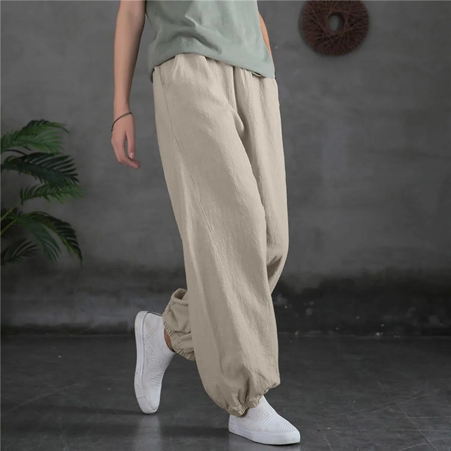 2024 Summer Pants for Women Cotton Linen Breathable Lightweight Yoga Pants Elastic Waist Beach Trousers Trendy Harem Pant