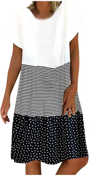 2025 Boho Dresses for Women Trendy Casual Short Sleeve Summer Tshirt Dress Plus Size Colorblock Swing Midi Sundress
