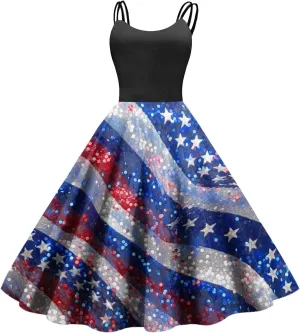 4Th of July Dress for Women Midi Red White and Blue Dresses Spaghetti Strap USA Flag Dress Holiday Festival Dresses