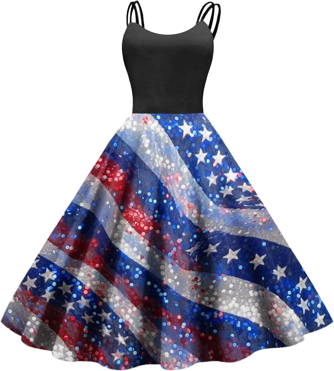 4Th of July Dress for Women Midi Red White and Blue Dresses Spaghetti Strap USA Flag Dress Holiday Festival Dresses