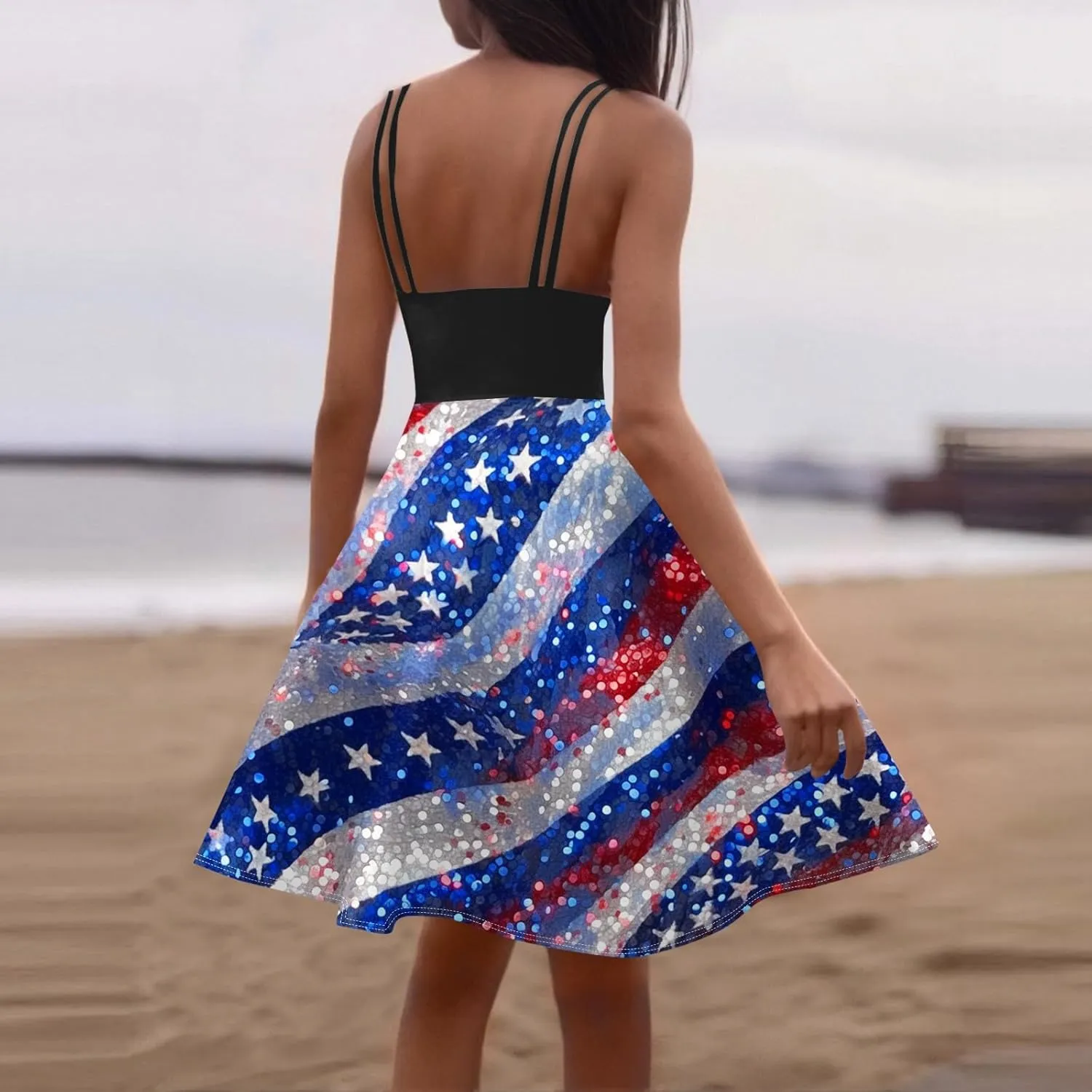 4Th of July Dress for Women Midi Red White and Blue Dresses Spaghetti Strap USA Flag Dress Holiday Festival Dresses