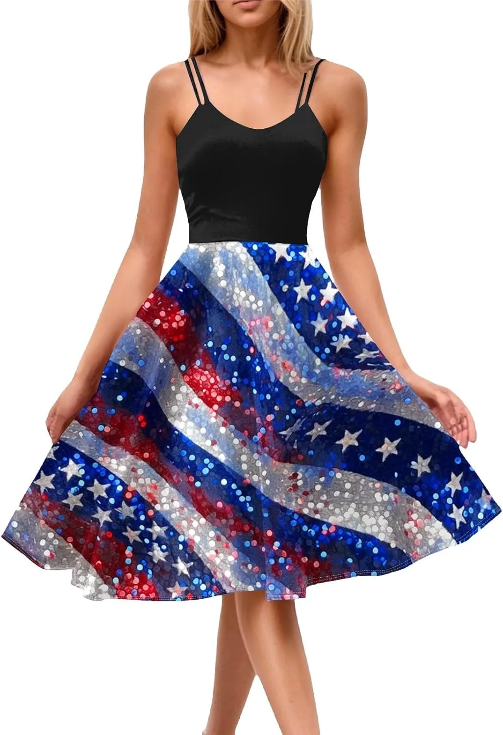 4Th of July Dress for Women Midi Red White and Blue Dresses Spaghetti Strap USA Flag Dress Holiday Festival Dresses