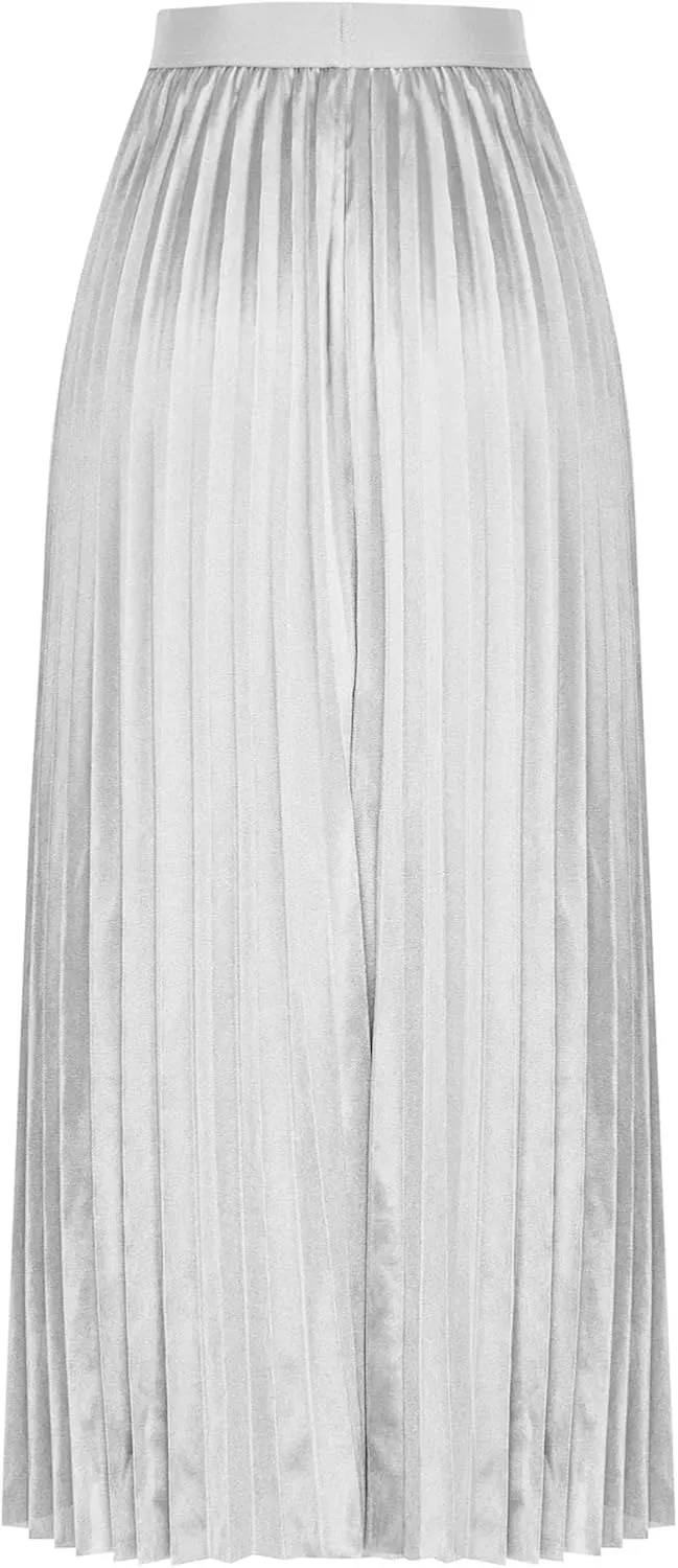 Akklian Pleated Midi Skirts for Women High Waisted A-Line Satin Skirts Chiffon Flare Casual Skirt 2024 Plus Size Midi Dress