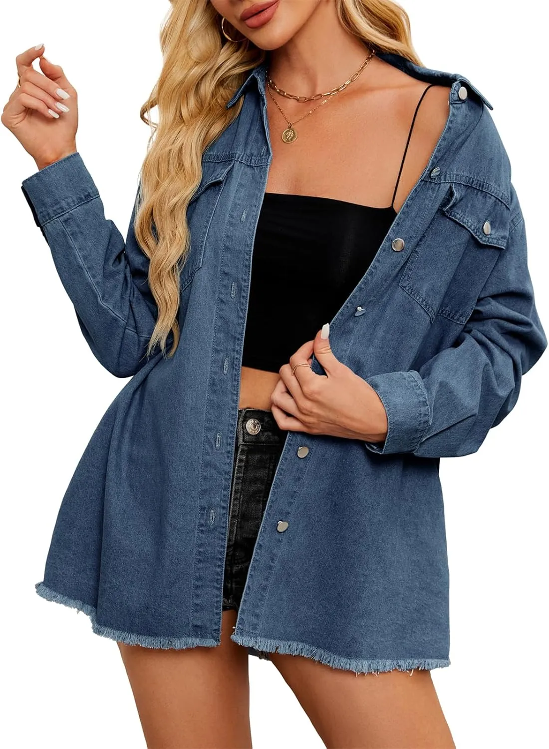 American Trends Denim Jacket for Women Oversized Long Sleeve Jean Shirts Button Down Shirt Lightweight Jean Crop Top Jacket