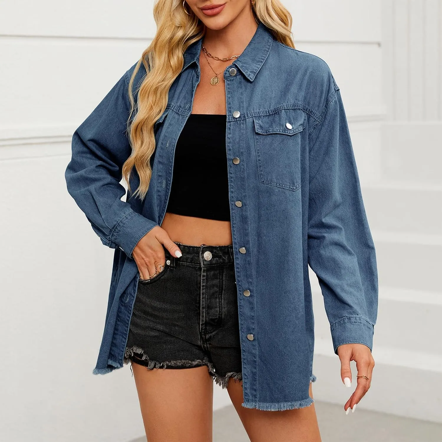 American Trends Denim Jacket for Women Oversized Long Sleeve Jean Shirts Button Down Shirt Lightweight Jean Crop Top Jacket