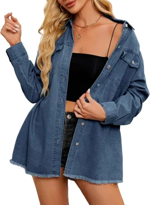 American Trends Denim Jacket for Women Oversized Long Sleeve Jean Shirts Button Down Shirt Lightweight Jean Crop Top Jacket