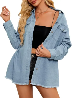 American Trends Denim Jacket for Women Oversized Long Sleeve Jean Shirts Button Down Shirt Lightweight Jean Crop Top Jacket
