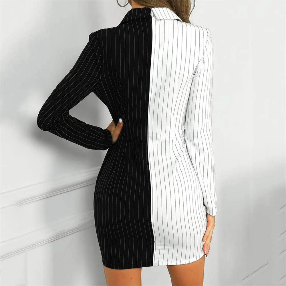 Aniywn Ladies Bodycon Blazer Dress Women Slim Fit Pinstripe Patchwork Bodycon Dress Suit Sets