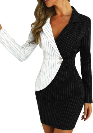 Aniywn Ladies Bodycon Blazer Dress Women Slim Fit Pinstripe Patchwork Bodycon Dress Suit Sets