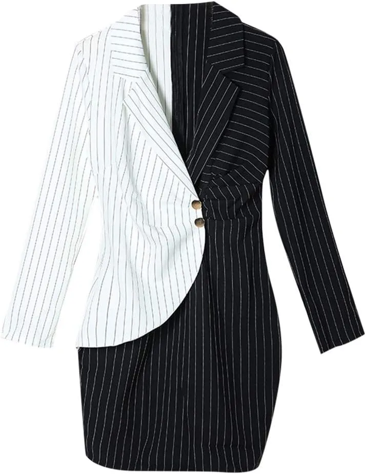 Aniywn Ladies Bodycon Blazer Dress Women Slim Fit Pinstripe Patchwork Bodycon Dress Suit Sets