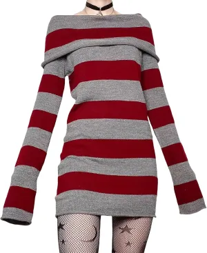Aopwsrlyi Women's Stripped Long Sleeve Sweater Dress Y2K Off Shoulder Slash Neck Knit Bodycon Mini Dress