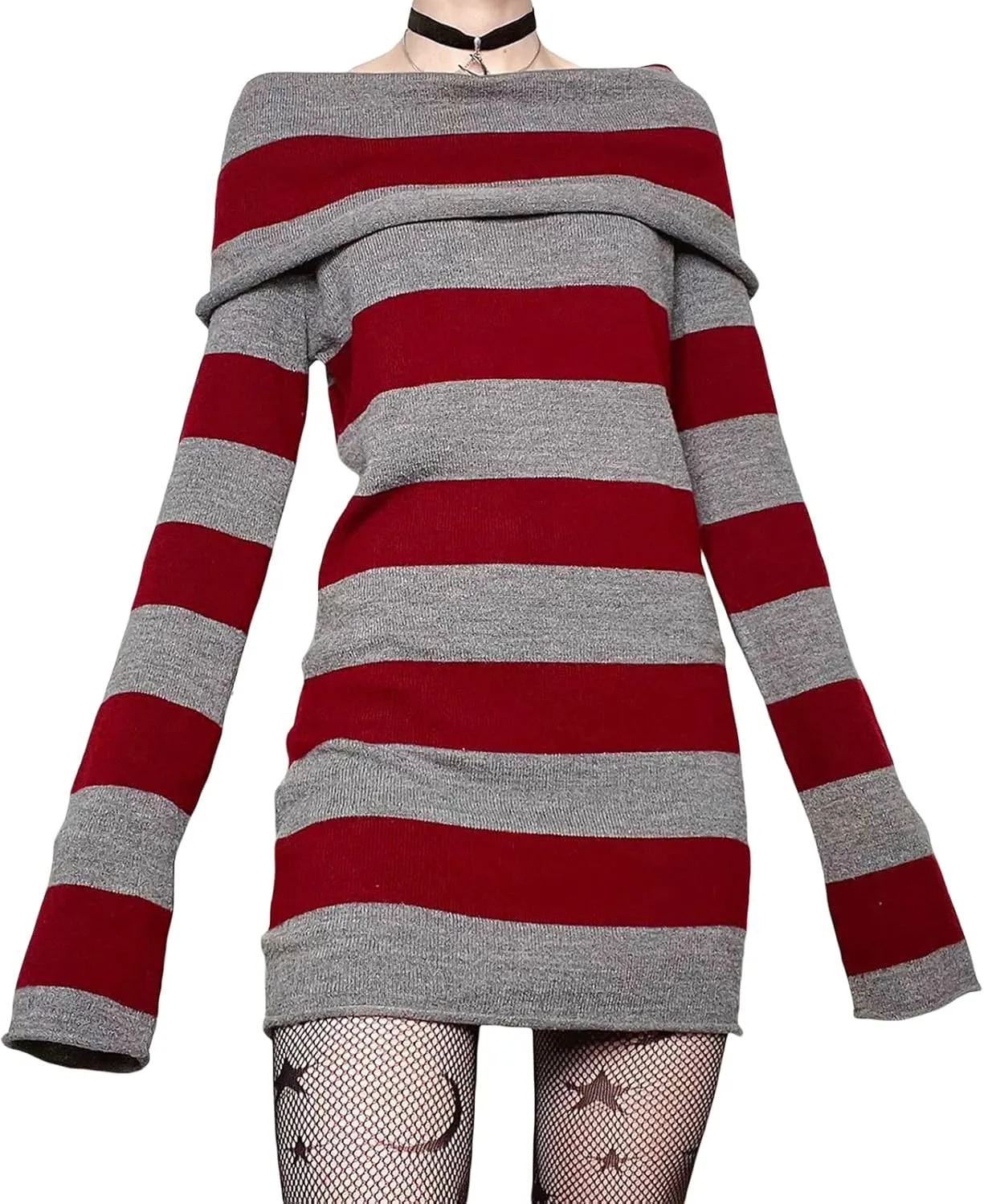 Aopwsrlyi Women's Stripped Long Sleeve Sweater Dress Y2K Off Shoulder Slash Neck Knit Bodycon Mini Dress