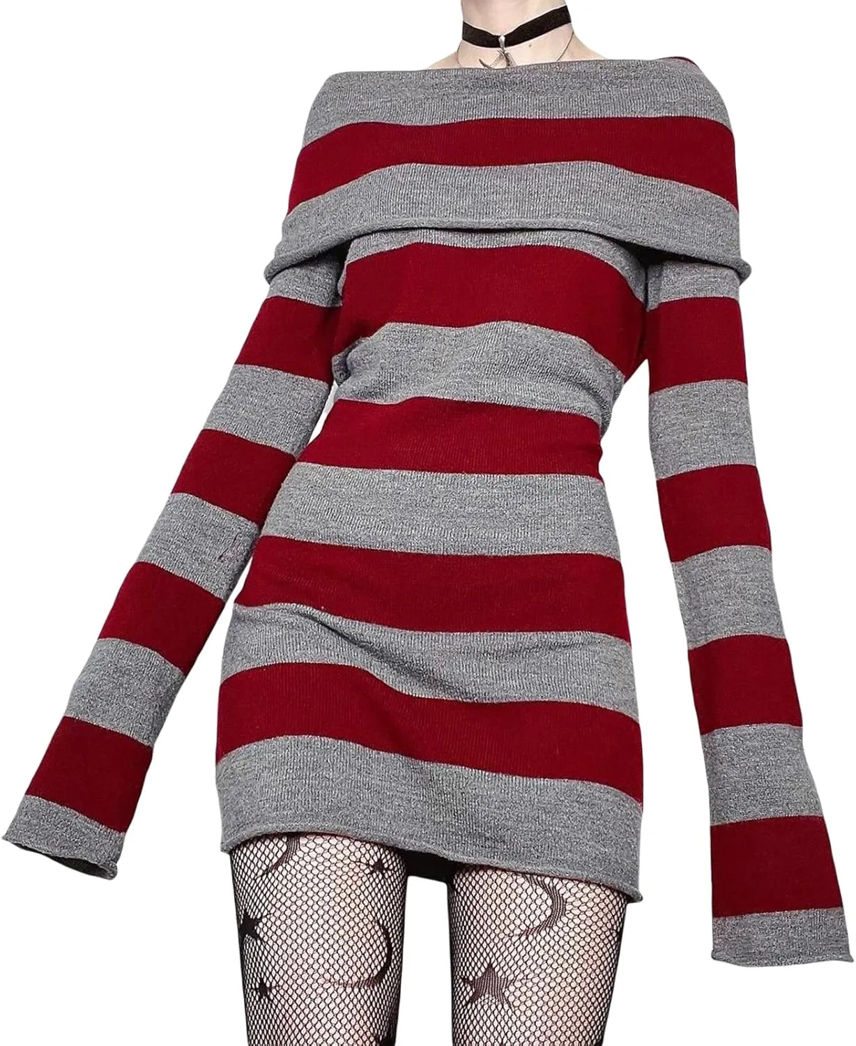 Aopwsrlyi Women's Stripped Long Sleeve Sweater Dress Y2K Off Shoulder Slash Neck Knit Bodycon Mini Dress