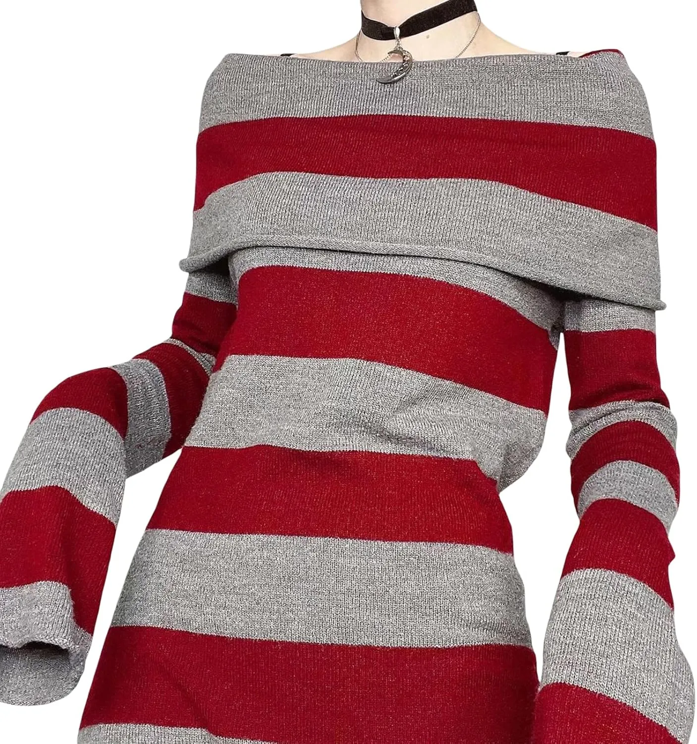 Aopwsrlyi Women's Stripped Long Sleeve Sweater Dress Y2K Off Shoulder Slash Neck Knit Bodycon Mini Dress