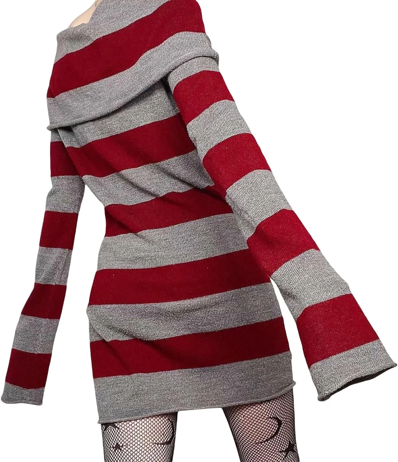 Aopwsrlyi Women's Stripped Long Sleeve Sweater Dress Y2K Off Shoulder Slash Neck Knit Bodycon Mini Dress