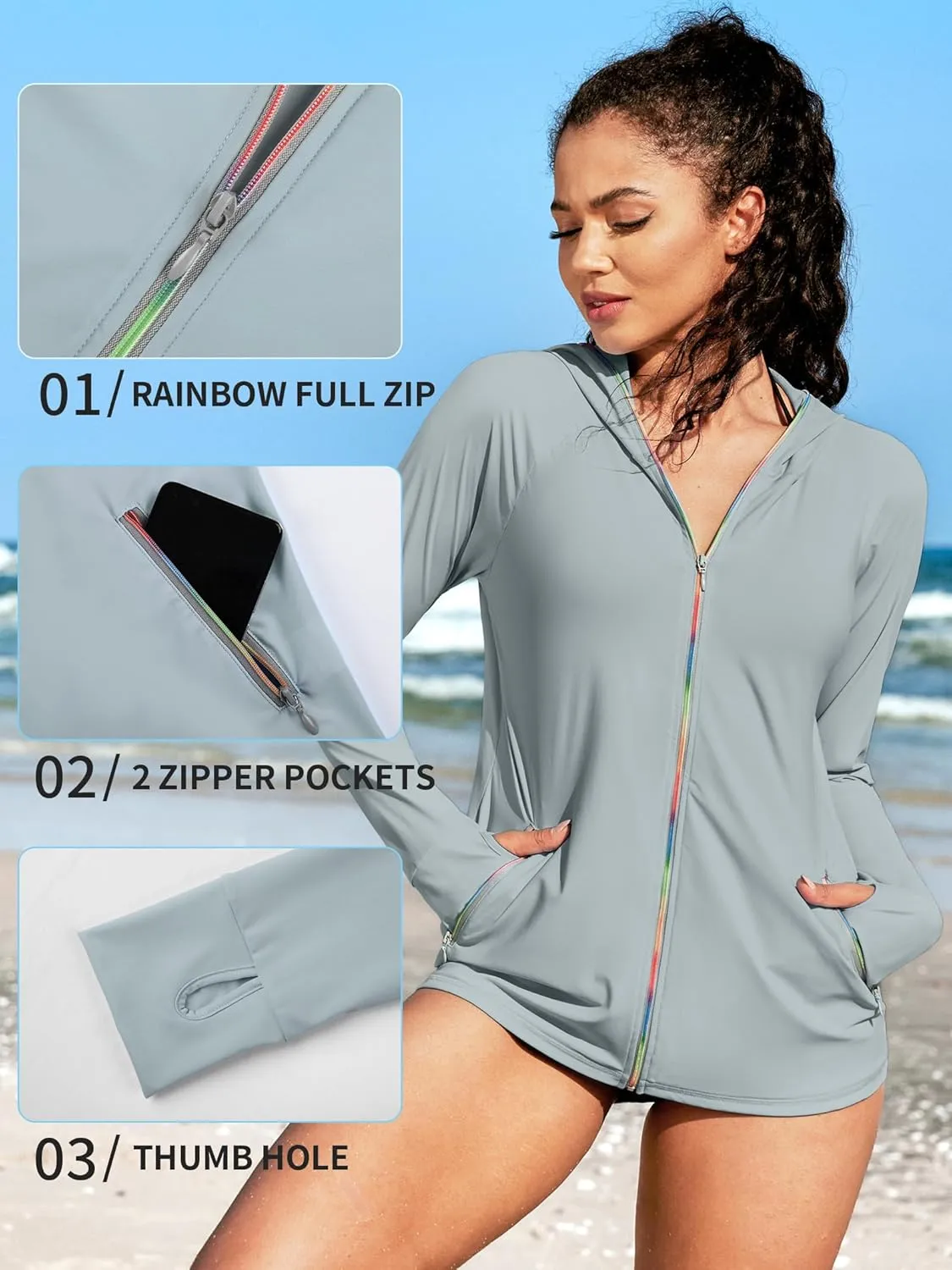 ATTRACO Rash Guard for Women Long Sleeve Swim Shirts Zip Up Hoodie with Thumb Hole & Side Pockets