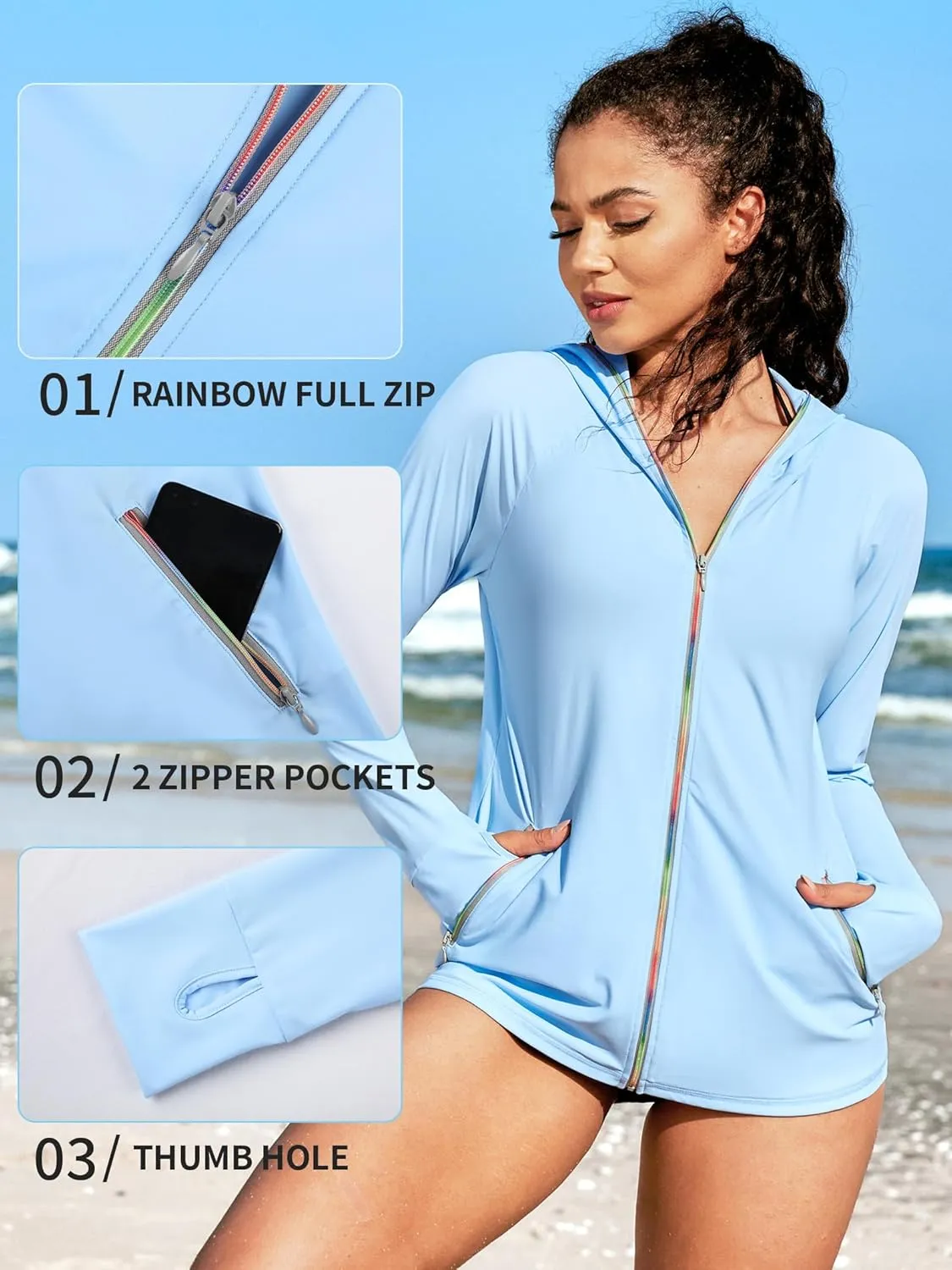 ATTRACO Rash Guard for Women Long Sleeve Swim Shirts Zip Up Hoodie with Thumb Hole & Side Pockets