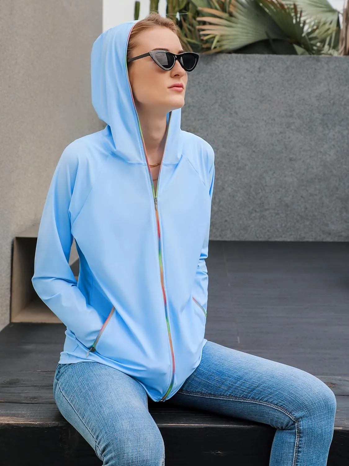 ATTRACO Rash Guard for Women Long Sleeve Swim Shirts Zip Up Hoodie with Thumb Hole & Side Pockets