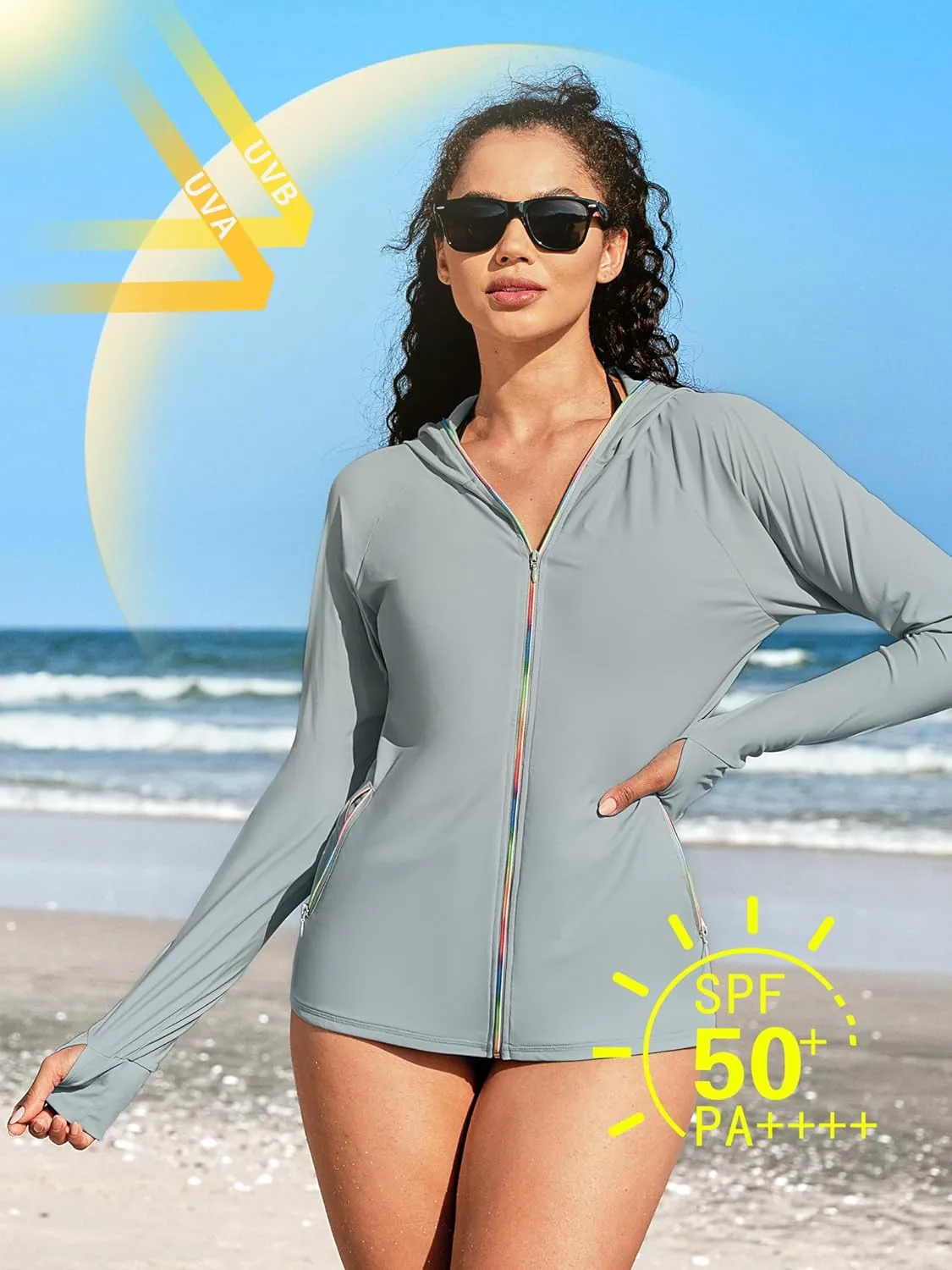 ATTRACO Rash Guard for Women Long Sleeve Swim Shirts Zip Up Hoodie with Thumb Hole & Side Pockets