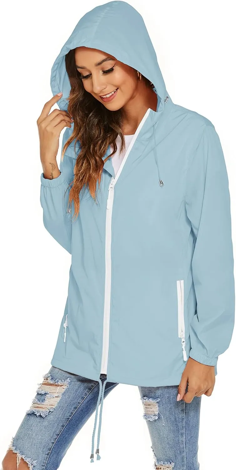 Avoogue Womens Waterproof Raincoat Breathable Lightweight Rain Jacket Hooded Rain Coat Outdoor Active Windbreaker with Pocket