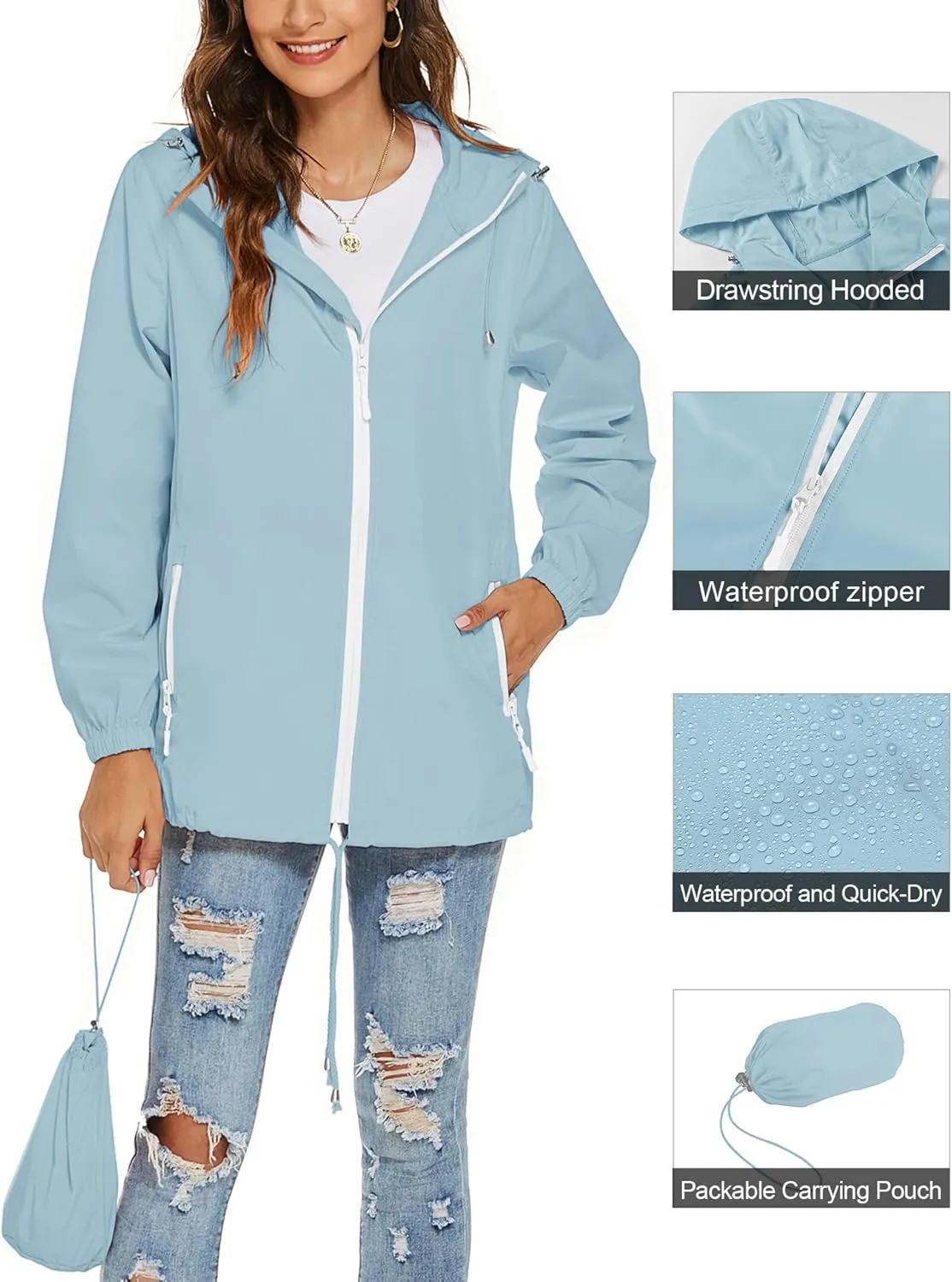 Avoogue Womens Waterproof Raincoat Breathable Lightweight Rain Jacket Hooded Rain Coat Outdoor Active Windbreaker with Pocket
