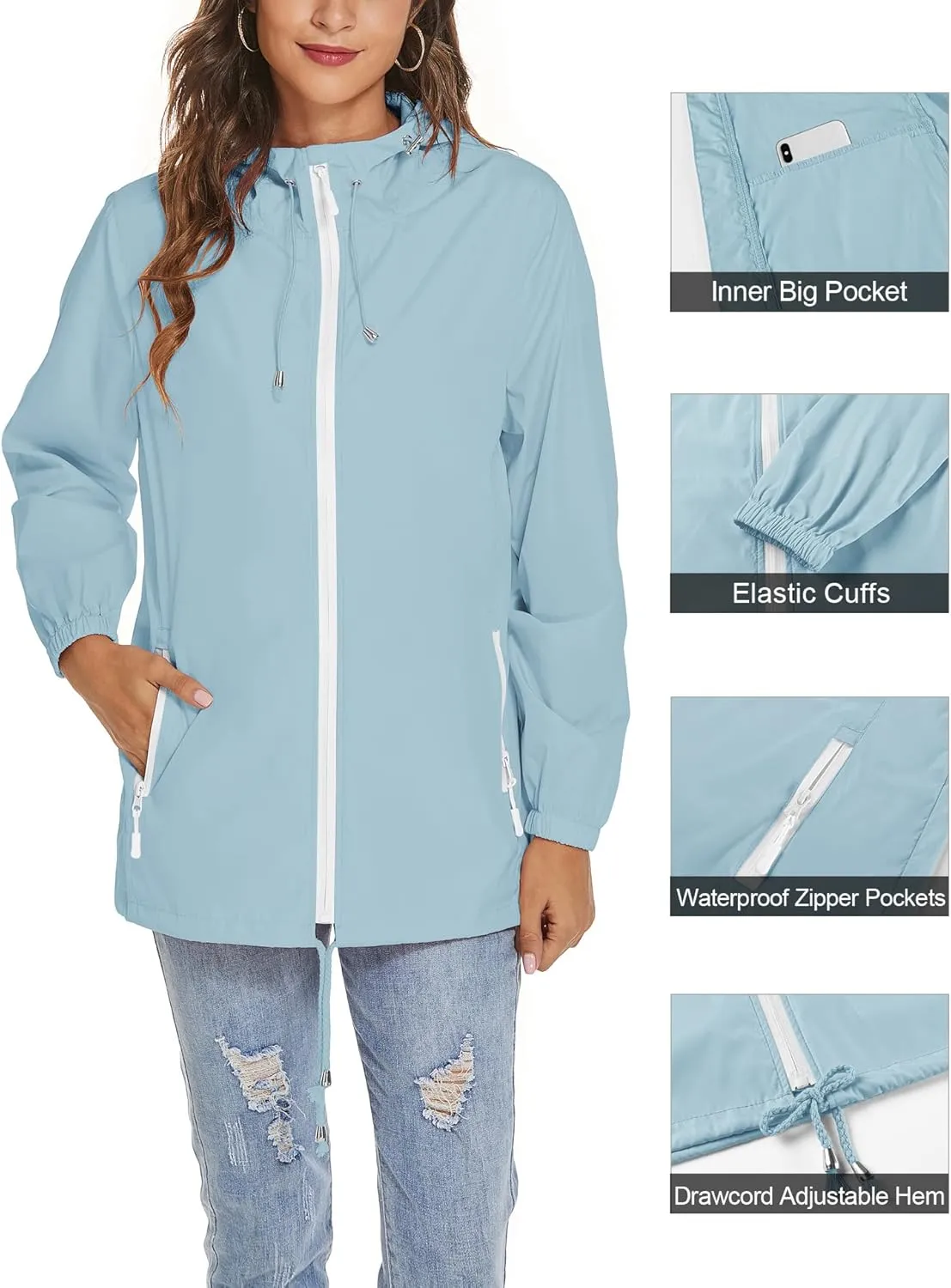 Avoogue Womens Waterproof Raincoat Breathable Lightweight Rain Jacket Hooded Rain Coat Outdoor Active Windbreaker with Pocket
