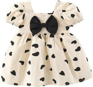 Baby Girls Short Sleeve Dress Summer Dresses Heart Print Bow Ruffle Princess Mini Dresses Kids Casual Party Beach Dress