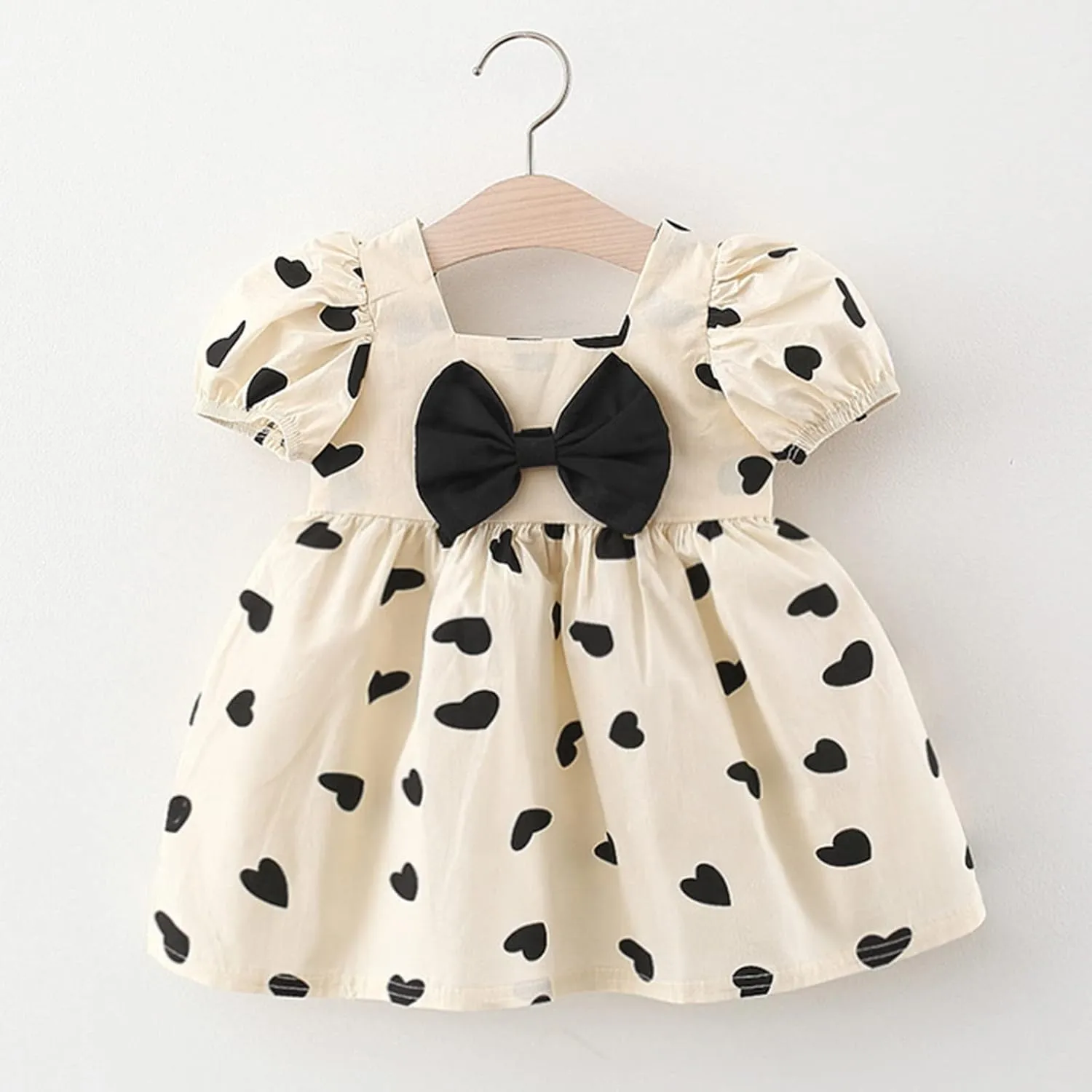 Baby Girls Short Sleeve Dress Summer Dresses Heart Print Bow Ruffle Princess Mini Dresses Kids Casual Party Beach Dress