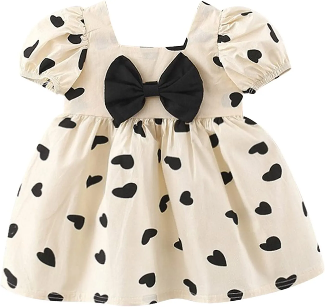 Baby Girls Short Sleeve Dress Summer Dresses Heart Print Bow Ruffle Princess Mini Dresses Kids Casual Party Beach Dress