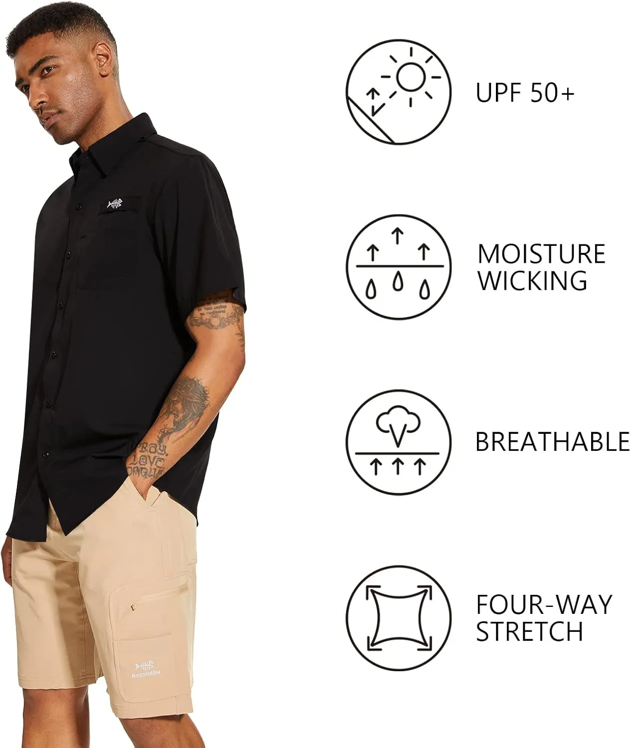 BASSDASH Men's UPF 50  Short Sleeve Button Down Fishing Shirt Breathable Lightweight for Outdoors Hiking Camping