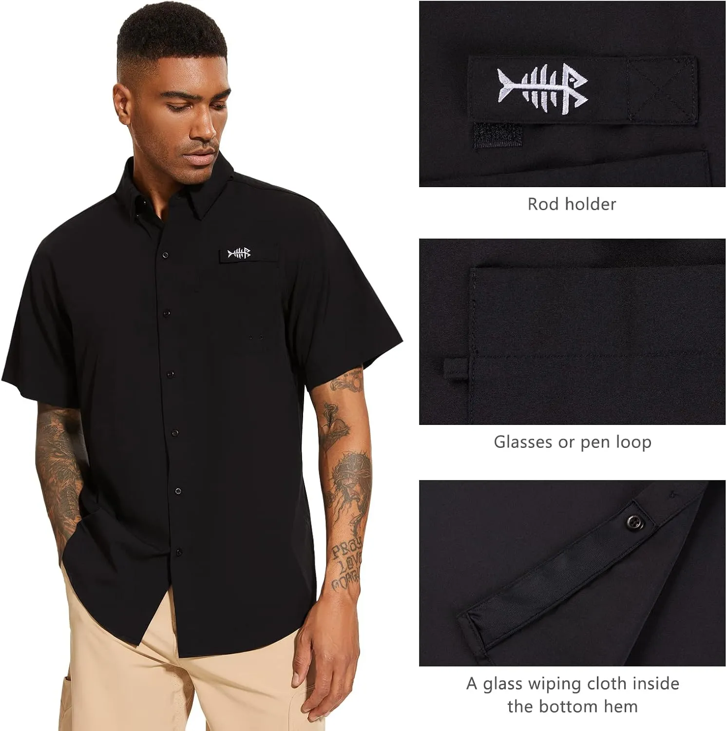 BASSDASH Men's UPF 50  Short Sleeve Button Down Fishing Shirt Breathable Lightweight for Outdoors Hiking Camping