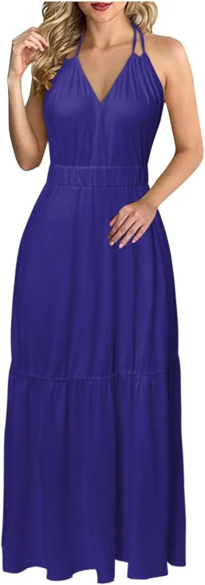 Beach Maxi Dresses For Women 2024 Vacation Spaghetti Strap Sleeveless Casual Summer Dress Print Blackless Sundress
