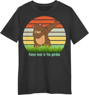 Bear Funny Bear in The Garden Retro Sunset T-Shirt, Funny Bear T-Shirt, Gift Bear T-Shirt Black
