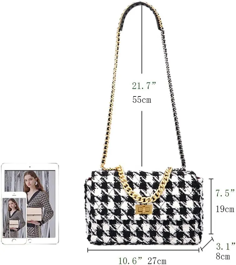 BERTYPUYI PU Leather Black And White Houndstooth Ladies Shoulder Bag Autumn And Winter Fashion Woolen Cloth Crossbody Bag