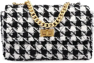 BERTYPUYI PU Leather Black And White Houndstooth Ladies Shoulder Bag Autumn And Winter Fashion Woolen Cloth Crossbody Bag