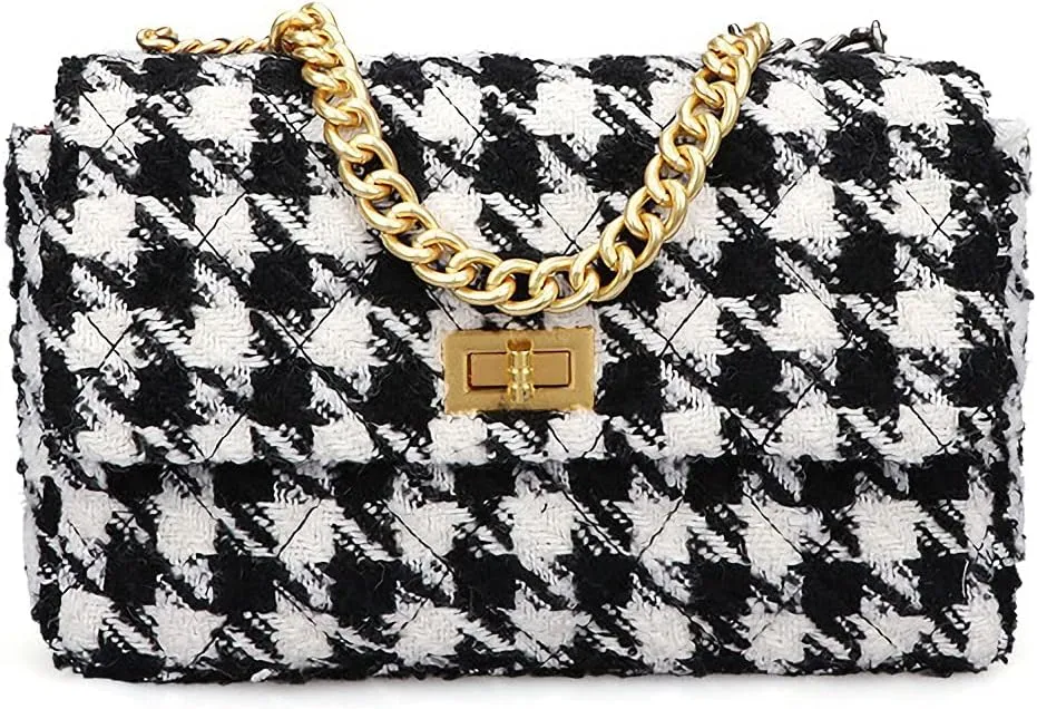 BERTYPUYI PU Leather Black And White Houndstooth Ladies Shoulder Bag Autumn And Winter Fashion Woolen Cloth Crossbody Bag