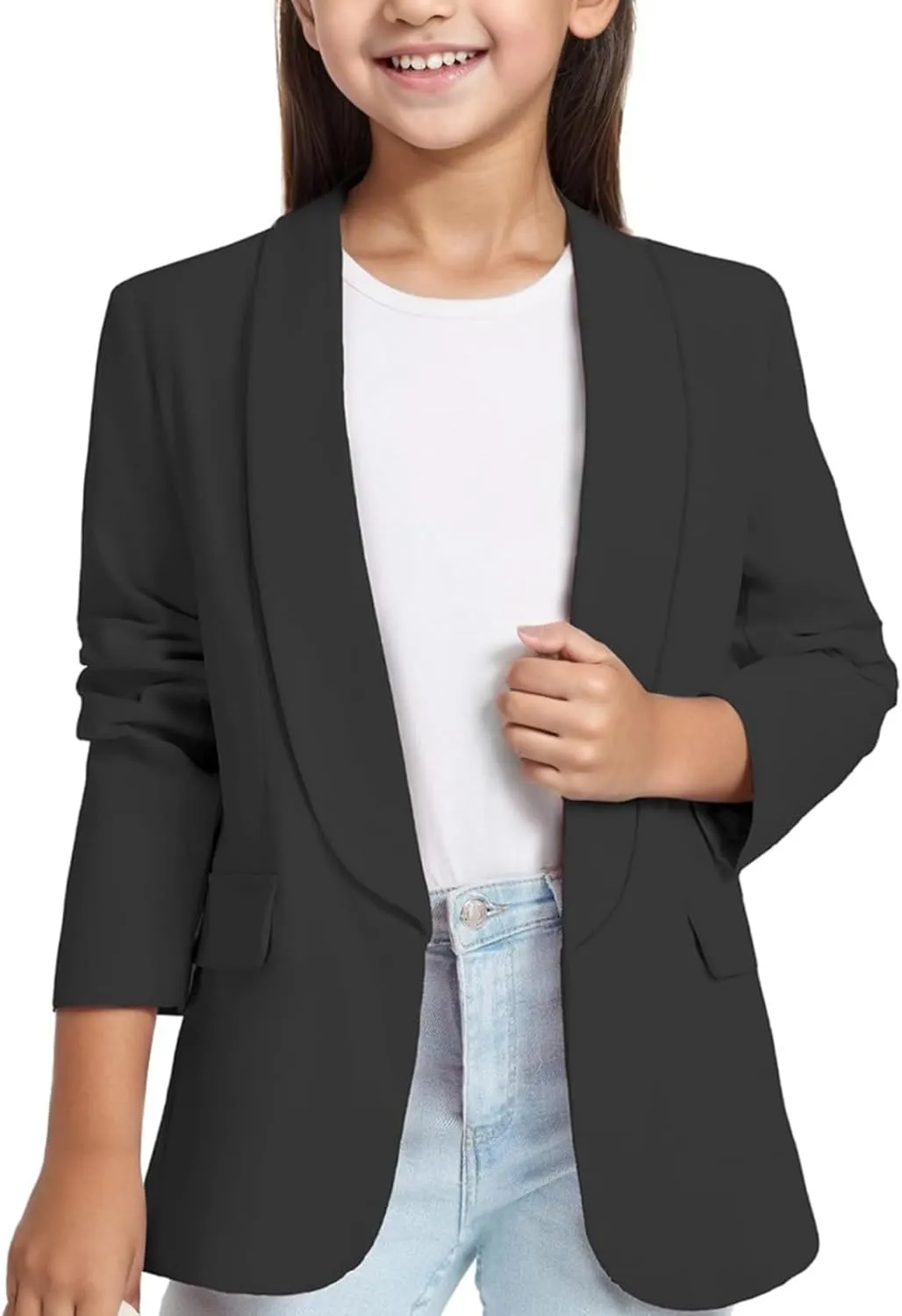 Blazer Jacket for Teen Girls Long Sleeve Y2K Solid Lapel Formal Suit Coat Casual Open Front Dress Tops with Pocket