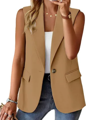 Blazer Vest for Women Sleeveless Vest Tops Open Front Casual Blazer Single Button Work Office Suit Jacket Waistcoat